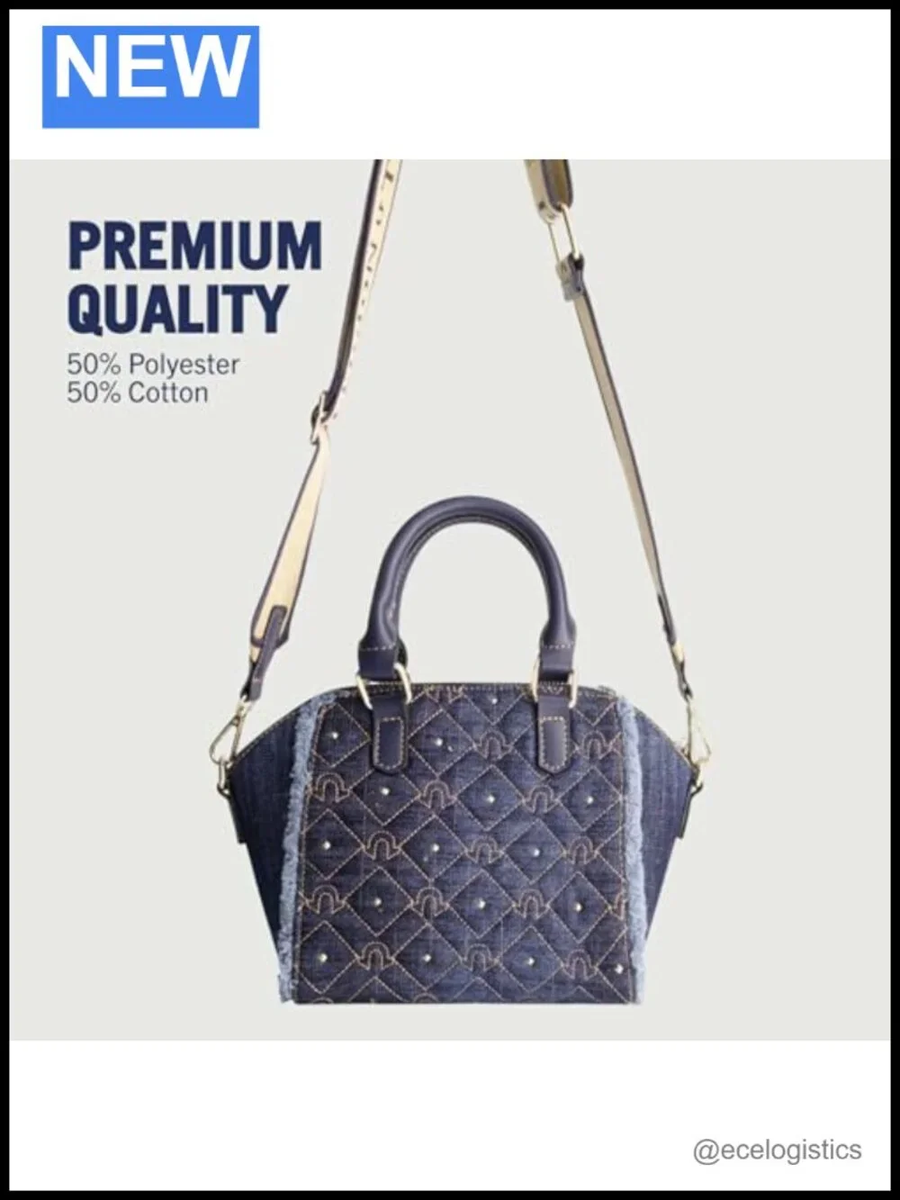 Quilted Denim Satchel with Gold Stud Accents, Adjustable Strap